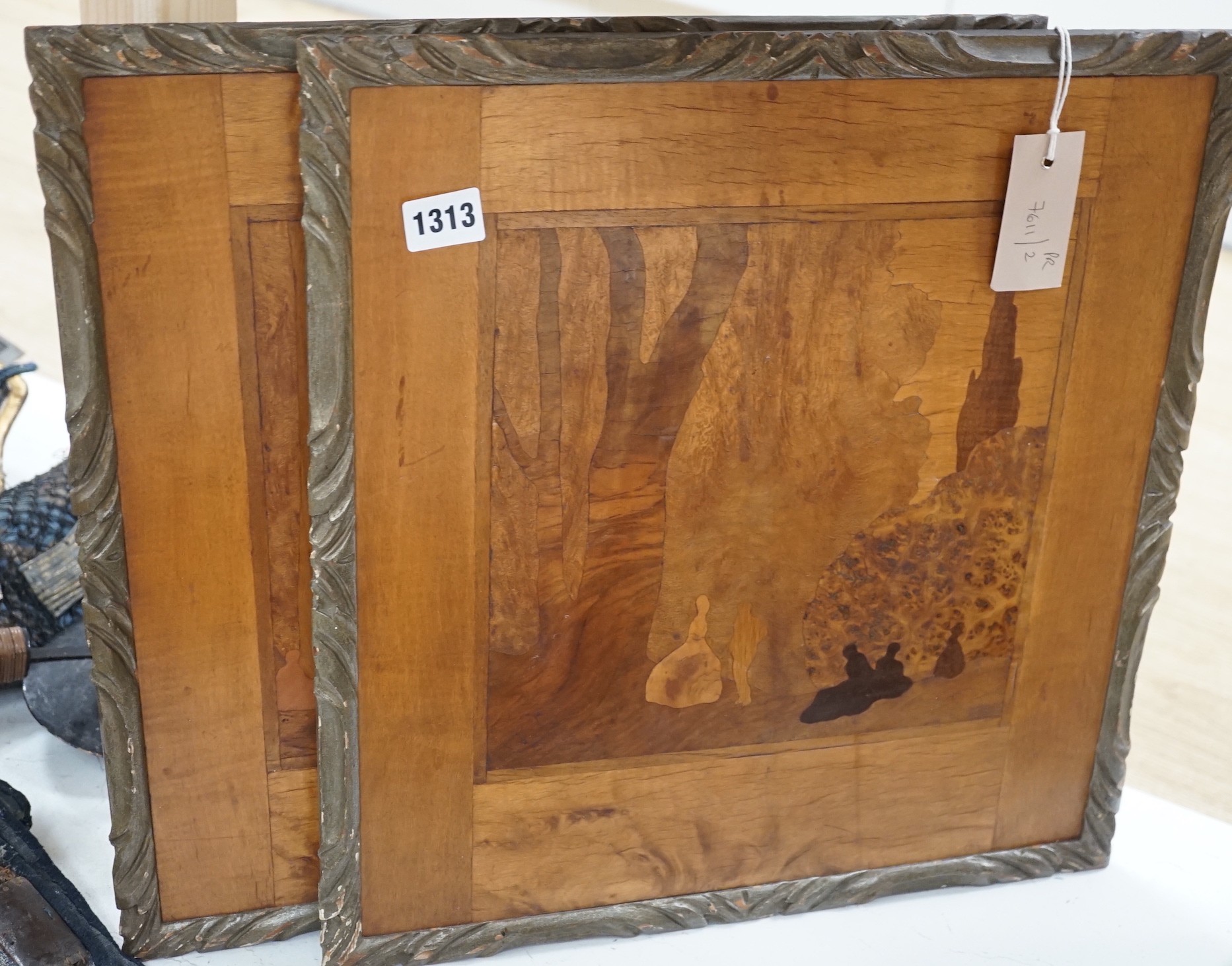 A pair of Rowley Gallery marquetry panels, one bears Liberty retailer's label verso, 37cms wide x 39.5 cms high